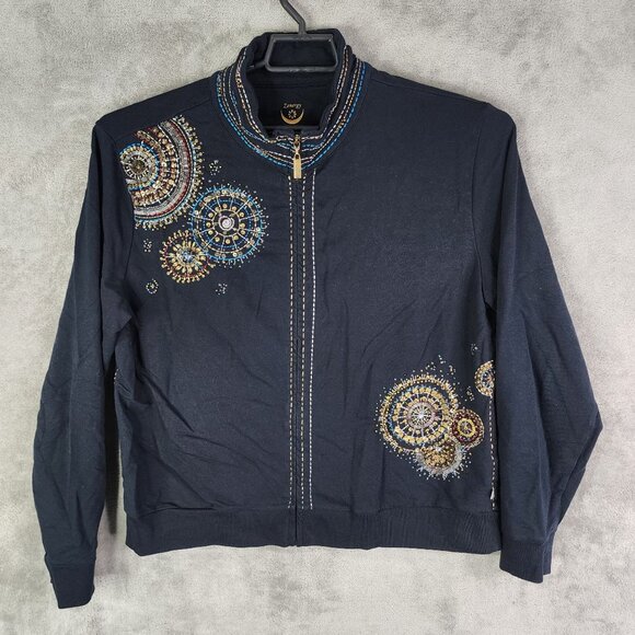 Womens Black Zenergy By Chicos Embroidered Beaded Jacket Full ZIp Size 3 (XL) - Picture 2 of 11